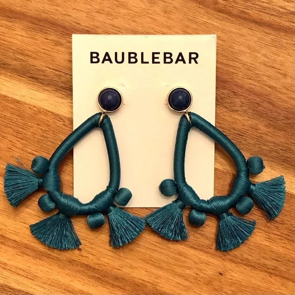 BaubleBar | Teal Teardrop Tassel Earrings | 3” Length